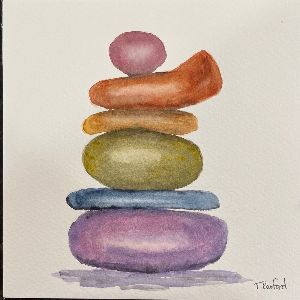 Hand painted watercolor original painting stacked rocks
